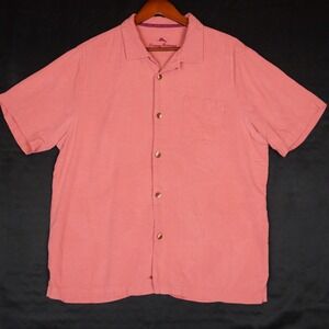 Tommy‎ Bahama Camp Shirt Mens Large Coral Pink Tropical Leaf Silk Relaxed Fit